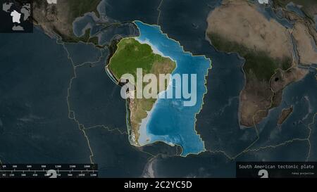 South American plate shape outlined on a darkened and desaturated background of the satellite map with informative overlays. 3D rendering Stock Photo