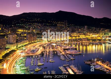 Principality of Monaco, harbour at twilight. Stock Photo