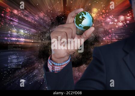 businessman hand showing digital planet Stock Photo
