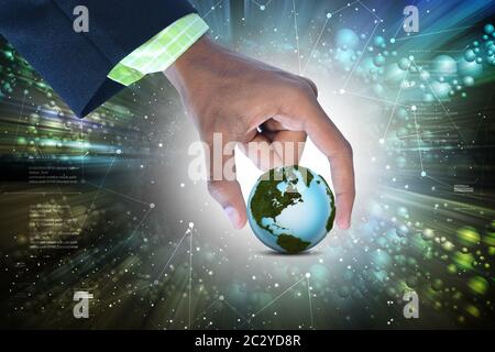businessman hand showing digital planet Stock Photo