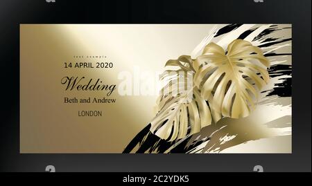 Tropical black gold monstera leaves on dark background vector. Beautiful botanical design with tropic jungle leaves, exotic plant and golden paint sme Stock Vector