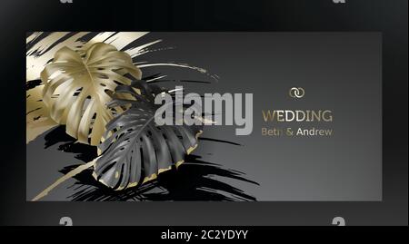 Tropical black gold monstera leaves on dark background vector. Beautiful botanical design with tropic jungle leaves, exotic plant and golden paint sme Stock Vector