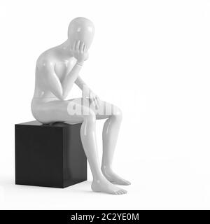 A white mannequin sits on a black box with his elbows facing his hand. 3d rendering on a white background Stock Photo