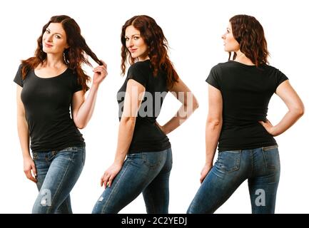 Photo of a young beautiful redhead woman with blank black shirt, front, side and back. Ready for your design or artwork. Stock Photo