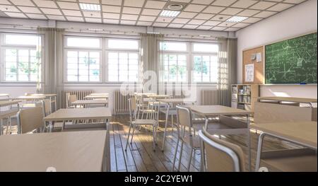 interior of a classic school class with wooden desks and chairs, large windows and green slate blackboard. nobody around. education and education conc Stock Photo
