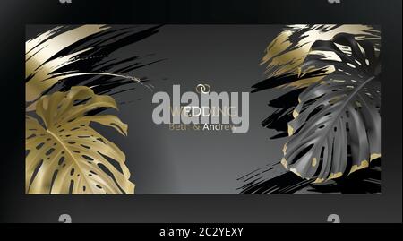 Tropical black gold monstera leaves on dark background vector. Beautiful botanical design with tropic jungle leaves, exotic plant and golden paint sme Stock Vector