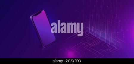 Mobile document manager business concept vector isometric illustration. Smartphone on purple ultraviolet background with information waterfall or big Stock Vector