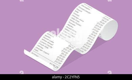 Isometric shop receipt, realistic isolated vector illustration. Curled paper payment bill with barcode, goods and their price for credit card or cash Stock Vector