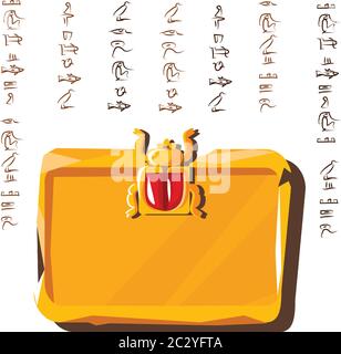 Stone board or clay tablet with scarab beetle and Egyptian hieroglyphs cartoon vector illustration Ancient object for recording storing information, g Stock Vector