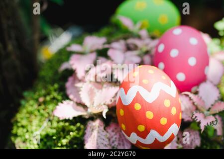 Beautiful Easter Multi color egg on garden, Easter day concept Stock Photo
