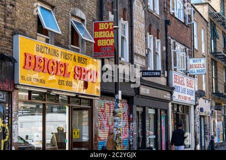 LONDON- Beigal shops on Brick Lane, a fashionable area of East London Stock Photo