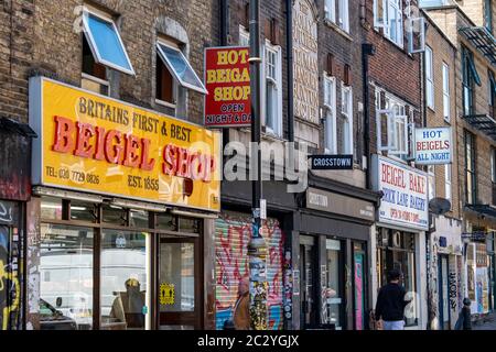 LONDON- Beigal shops on Brick Lane, a fashionable area of East London Stock Photo