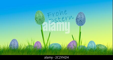 Easter eggs and flowers with the words Happy Easter on an abstract background Stock Photo