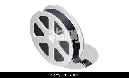 Cinema isometric icon with shadow cartoon vector illustration isolated on white background. Movie industry element, film reel or spool with cinema tap Stock Vector