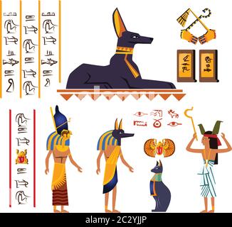 Ancient Egypt wall art or mural element cartoon vector. Monumental painting with hieroglyphs and Egyptian culture symbols, ancient gods and human figu Stock Vector