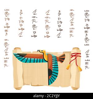 Ancient Egypt papyrus scroll with flying bird figure cartoon vector ...