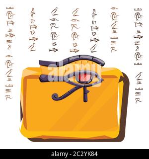 Stone board or clay plate with eye of Horus and Egyptian hieroglyphs cartoon vector illustration. Ancient object for recording storing information, gr Stock Vector