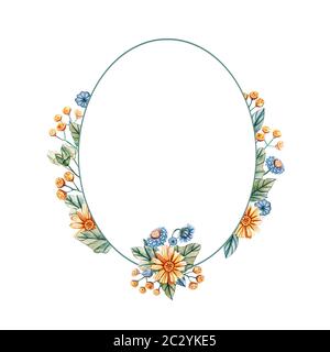 Floral frame in the shape of an ellipse. Watercolor wildflowers. There is a place for text. Flowers on a white background. Template for wedding invita Stock Photo