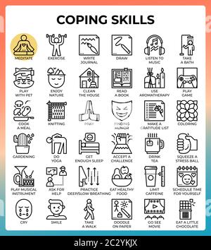 Coping skills concept line icons set in modern style for ui, ux, web, app, brochure, flyer and presentation design, etc. Stock Vector