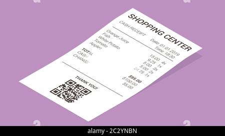Isometric shop receipt, realistic isolated vector illustration. Straight and curled paper payment bill for cash payment transaction with barcode, good Stock Vector