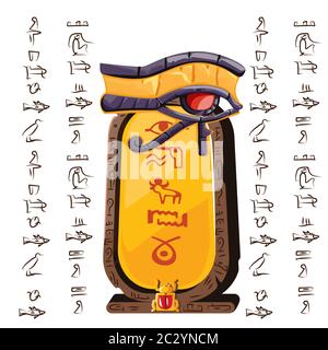 Stone board or clay plate with eye of Horus and Egyptian hieroglyphs cartoon vector illustration. Ancient object for recording storing information, gr Stock Vector