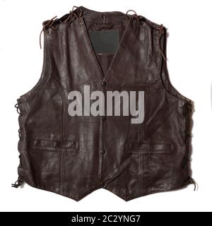 brown leather motorcycle vest on white background Stock Photo