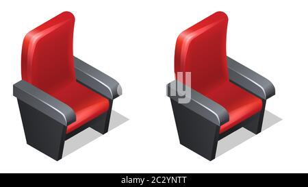 Cinema red armchair isometric icons with shadow cartoon vector illustration isolated on white background. Movie industry element, spectator chair, aud Stock Vector