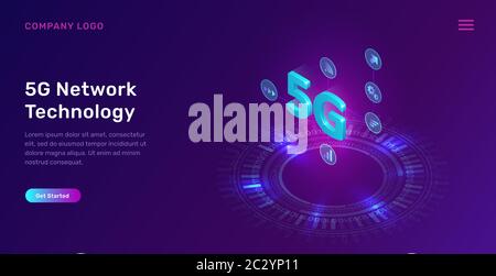 5G network technology, isometric concept vector illustration. 5G symbol wireless internet and interface icons isolated on ultraviolet background with Stock Vector