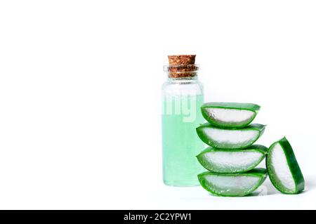 A Jar of Fresh Aloe Vera Gel isolated on white background, top of view.  Aloe Vera is natural remedy for sunburn relief. Natural alternative medicine.  Stock Photo