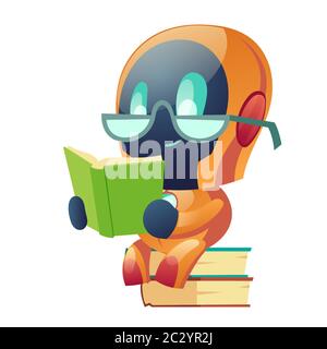 Robot in glasses reading book in library. Machine learning, ai chatbot education and information research, cyborg data mining, artificial intelligence Stock Vector