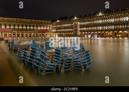 Flooding, Acqua Alta, on St. MarkÂ´s Square, Venice, on November 12, 2019 Stock Photo