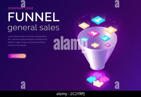 Sales funnel, isometric concept vector illustration. Marketing funnel with data drawn into it for analysis, optimization and sales generation, puzzle Stock Vector