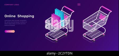 Online shopping, isometric concept vector illustration. Shopping carts empty and with bags, isolated on ultraviolet background, landing web page for m Stock Vector