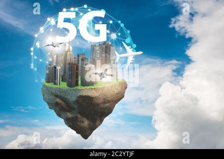 Concept of 5g technology with floating island Stock Photo