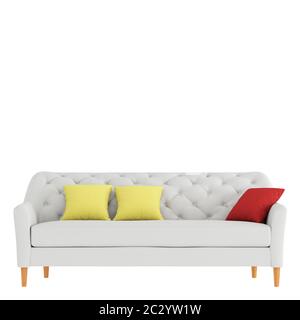 Bright sofa with three colored pillows front view on an isolated background. 3d rendering Stock Photo