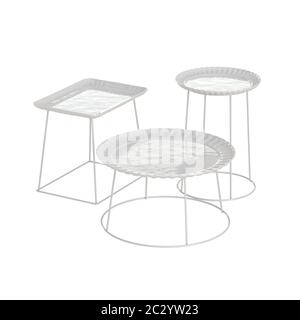 Three gray coffee tables in a loft style on an isolated background. 3d rendering Stock Photo