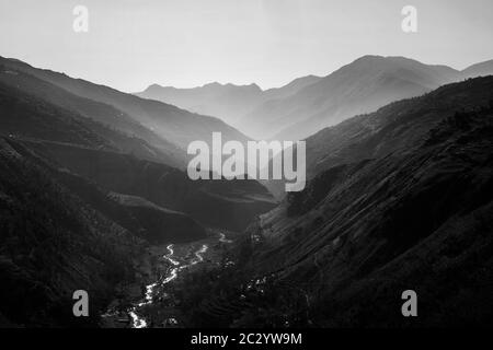Black and white layers of mountain peaks Stock Photo