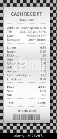 Shop receipt realistic isolated vector illustration. Direct paper payment bill with barcode, goods and their price, tax, Vat and total amount Stock Vector