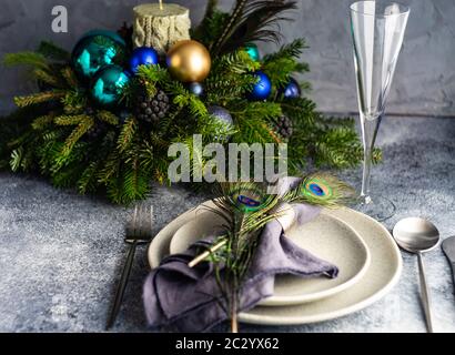 Festive table setting for Christmas dinner Stock Photo