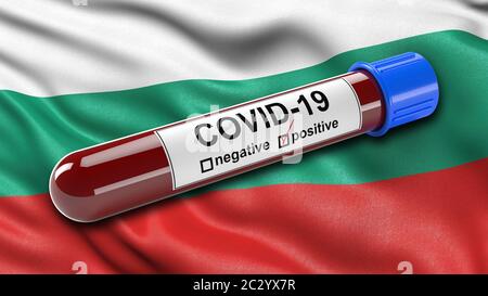 Flag of Bulgaria waving in the wind with a positive Covid-19 blood tube Stock Photo