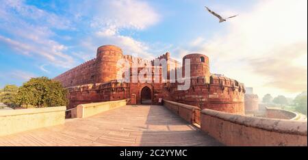 Red Fort Agra, India, beautiful sunrise panorama. Stock Photo