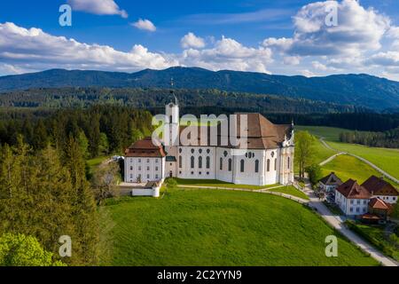 Wieskirche, pilgrimage church of the Scourged Saviour on the Wies, Wies, near Steingaden, Pfaffenwinkel, aerial view, Upper Bavaria, Bavaria, Germany Stock Photo