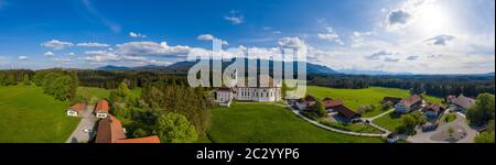 Wieskirche, pilgrimage church of the Scourged Saviour on the Wies, Wies, near Steingaden, Pfaffenwinkel, aerial view, Upper Bavaria, Bavaria, Germany Stock Photo