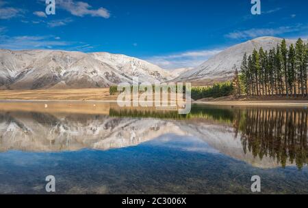 Snowy mountain range and trees, reflection Lake Camp, Ashburton Lakes, Ashburton, Canterbury, New Zealand Stock Photo