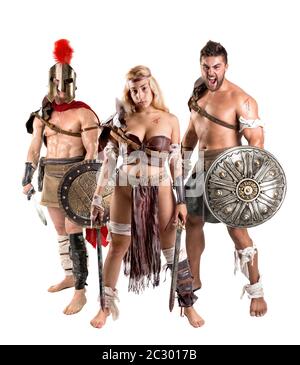 Ancient warrior or Gladiator's group ready to fight, isolated in white Stock Photo