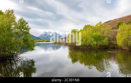 Glenorchy Lagoon with mountains, Glenorchy, near Queenstown, South Island, New Zealand Stock Photo