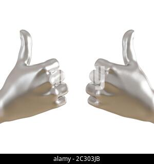 Metal figurine of a hand with a protruding thumb up on an isolated background. 3d rendering Stock Photo