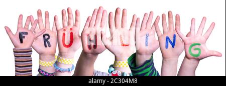 Children Hands Building Colorful German Word Fruehling Means Spring. Isolated White Background Stock Photo