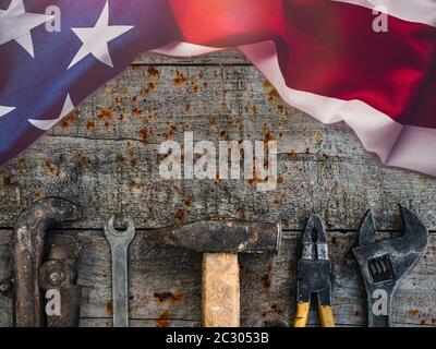 LABOR DAY. Hand tools lying on the table Stock Photo