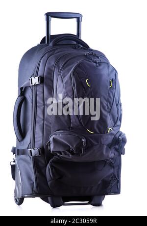 Large black tourist backpack with wheels isolated on white background Stock Photo